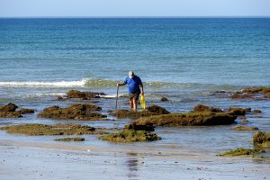 A person wearing a blue shirt and shorts is standing in shallow water on a beach, surrounded by rocky formations and green seaweed. They are holding a walking stick in one hand and a yellow bag in the other, looking down as gentle waves lap at the rocks.