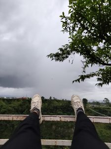 A pair of feet wearing white sneakers rests on the edge of a metal railing, overlooking a lush green landscape under a cloudy sky.