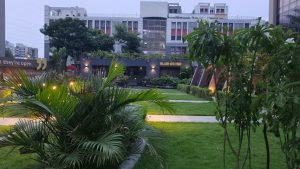 This image shows a beautifully maintained green garden with lush plants and a well-lit pathway. In the background, there's a modern building labeled "CLUB HOUSE" and a tall apartment complex. The overall vibe is peaceful and upscale.