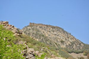 The fort wall of Bala Quila, Alwar, Rajasthan, stretches along the hilltop, blending with rocky slopes and dry vegetation under a bright sky.