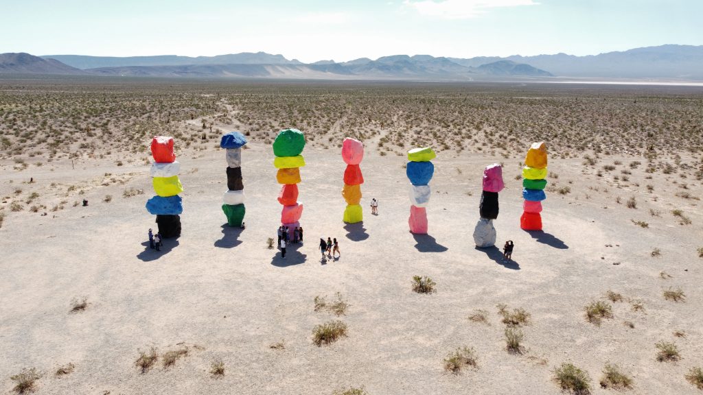 “Painted Rocks” art display, Las Vegas, Nevada. Large boulders painted and placed in 7 stack which reach 3 stories high, placed in a desert clearing.
