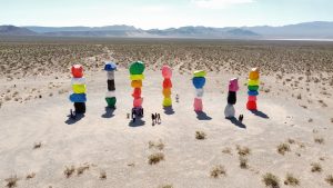“Painted Rocks” art display, Las Vegas, Nevada. Large boulders painted and placed in 7 stack which reach 3 stories high, placed in a desert clearing.