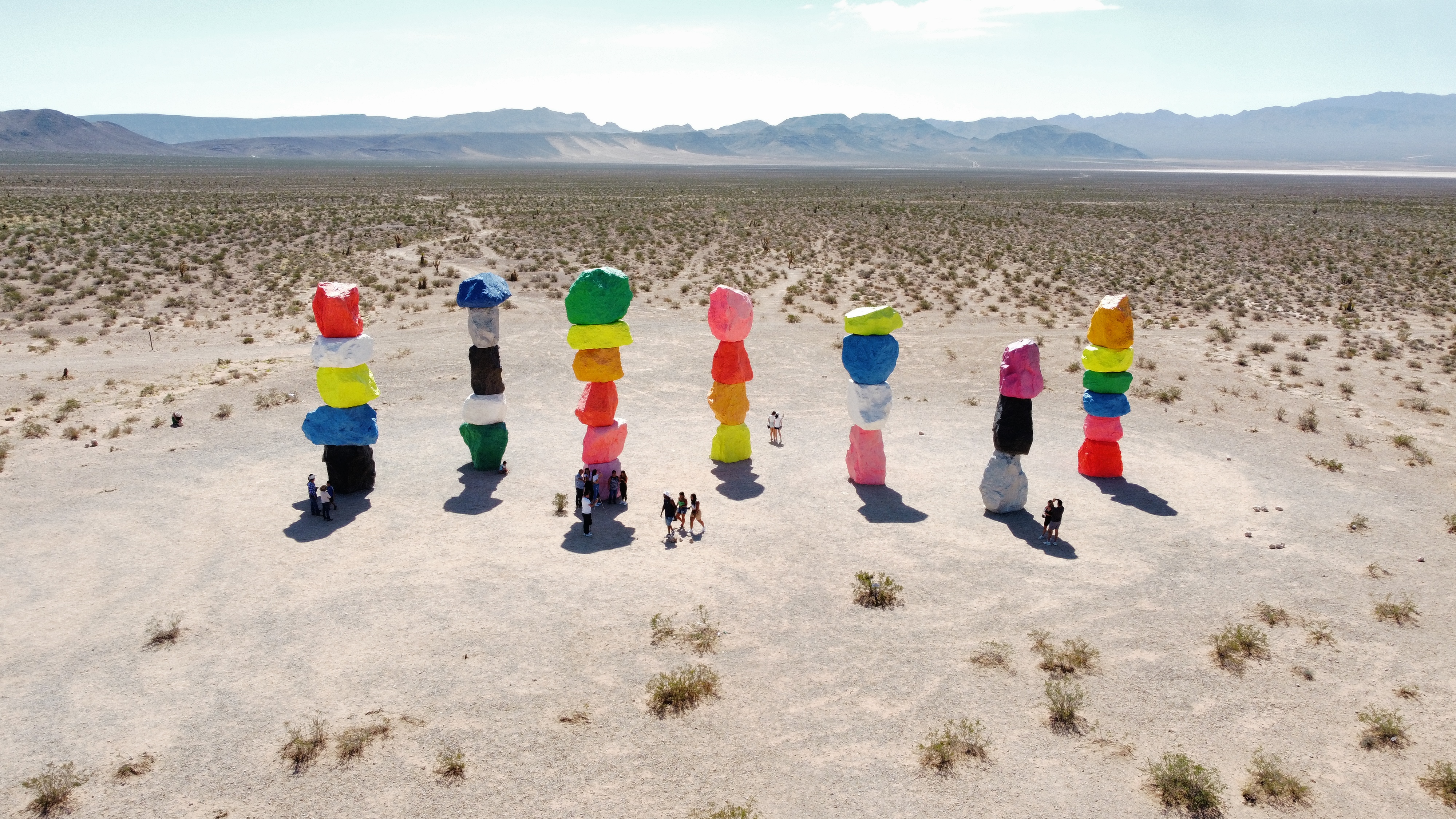 "Painted Rocks" art display, Las Vegas, Nevada. Large boulders painted and placed in 7 stack which reach 3 stories high, placed in a desert clearing.