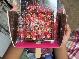 A person in a plaid shirt holding a brownie in a pink box, topped with colorful sprinkles, coconut, and red icing, over a wooden surface.