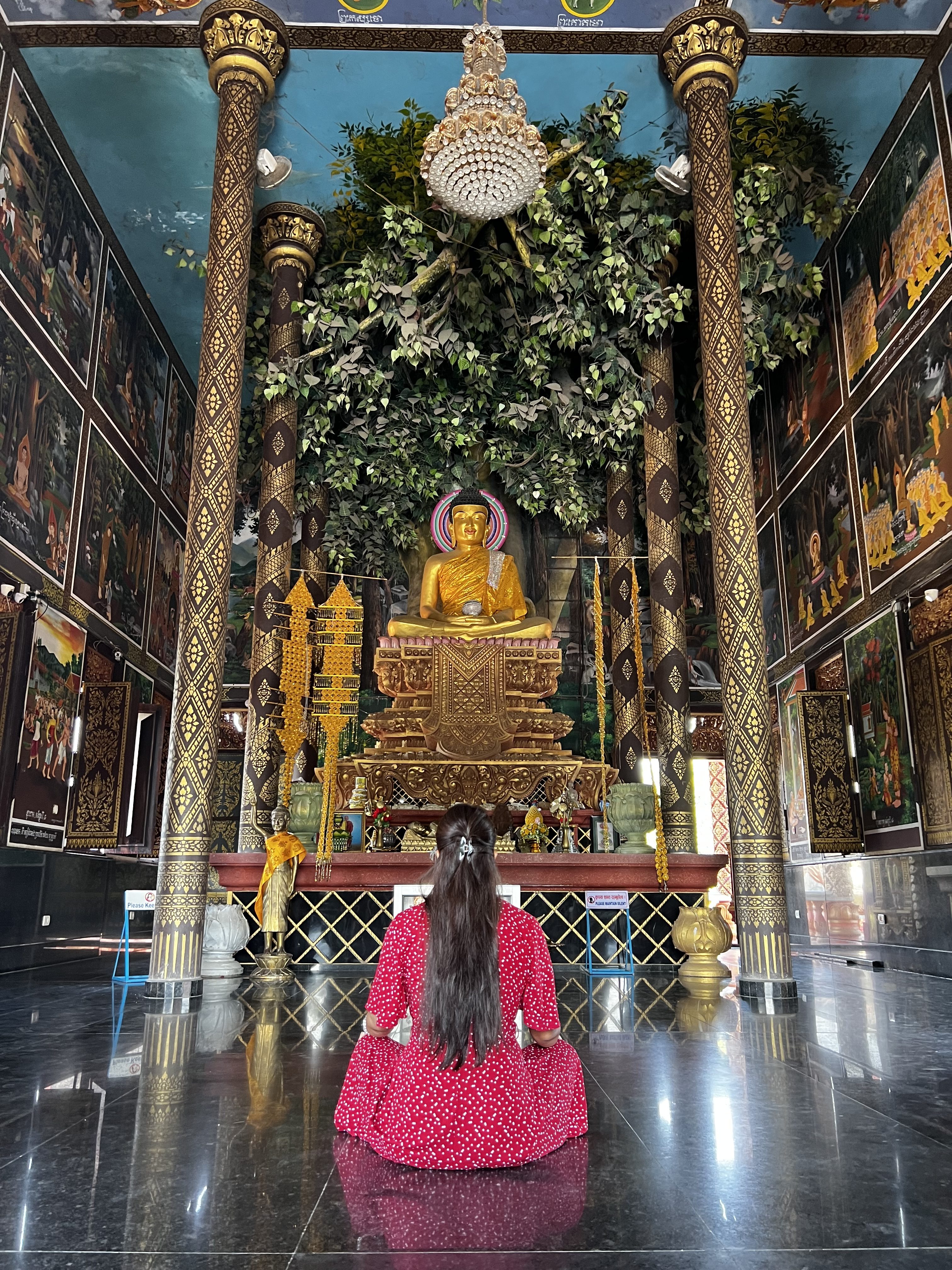A person in a red dress sits on the shiny black floor of a temple, facing a large, golden Buddha statue. The walls and ceiling are covered with detailed murals and carvings