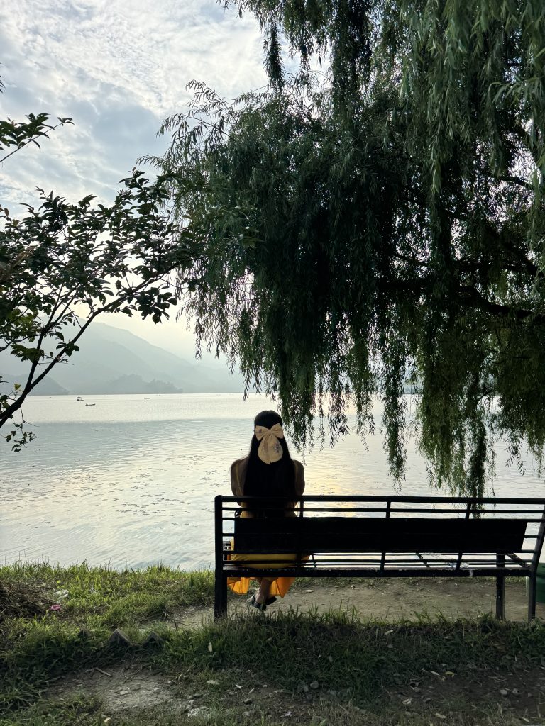A person sits on a bench under a weeping willow tree, gazing out at a serene lake with the sun reflecting on the water.