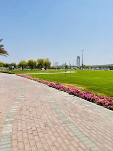A curved brick pathway with pink flowers and a large grassy field in a city park.