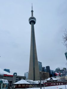 The CN Tower in Toronto on a snowy day.


