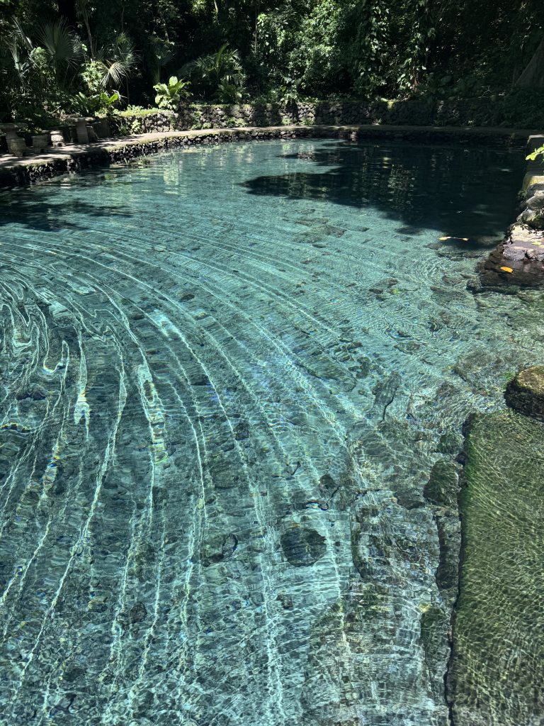 A tranquil water spring, its crystal-clear blue waters shimmering, surrounded by vibrant, lush greenery.