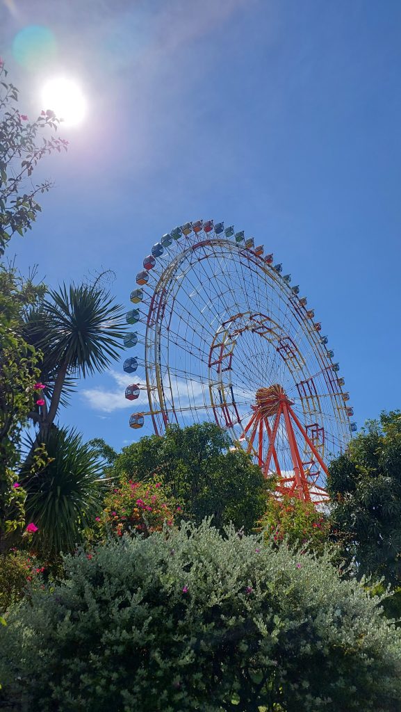 A ferris wheel with multi-colored cars stands tall against a bright blue sky, surrounded by lush green foliage and pink flowers, with the sun’s glare. Captured from Vietnam.