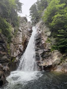 The 64-foot Glen Ellis Falls waterfall on the Glen Ellis river in Gorham, New Hampshire. Water is flowing down into a pool that continues down the river. 