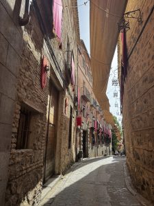 A narrow cobblestone street lined with historic buildings featuring stone and brick facades. Red banners hang from the walls, with iron balconies visible on some buildings. A canopy of fabric stretches overhead, partially shading the street. Toledo, Spain.