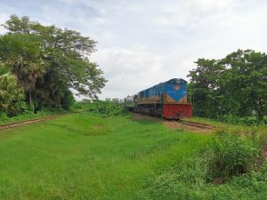 A diesel locomotive is navigating a curve on a railway line surrounded by lush green grass and trees.