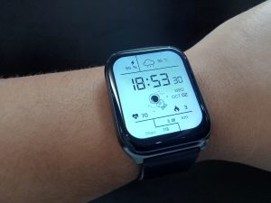 A close-up image of a smartwatch displayed on a person's wrist.