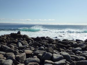Green and white misty waves crashing on a shore of smooth black volcanic rocks on the shore of Isla Seymour Norte in the Galapagos, Ecuador.