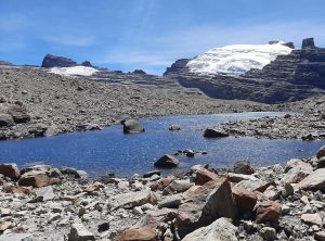 In the foreground lies the Laguna Grande, its crystal-clear waters sparkling under the sunlight, surrounded by a rugged rocky landscape. In the background stands the majestic Ritak’uwa Peak, covered with snow and glaciers, contrasting beautifully against the bright blue sky. El Cocuy National Natural Park in Colombia
