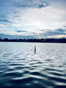 Peaceful evening at Pushkar Lake with calm water and a beautiful sky.
