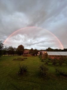 A vivid rainbow arches across a cloudy evening sky above a peaceful countryside scene, with green grass, trees, a greenhouse, and rustic buildings creating a serene rural atmosphere.
