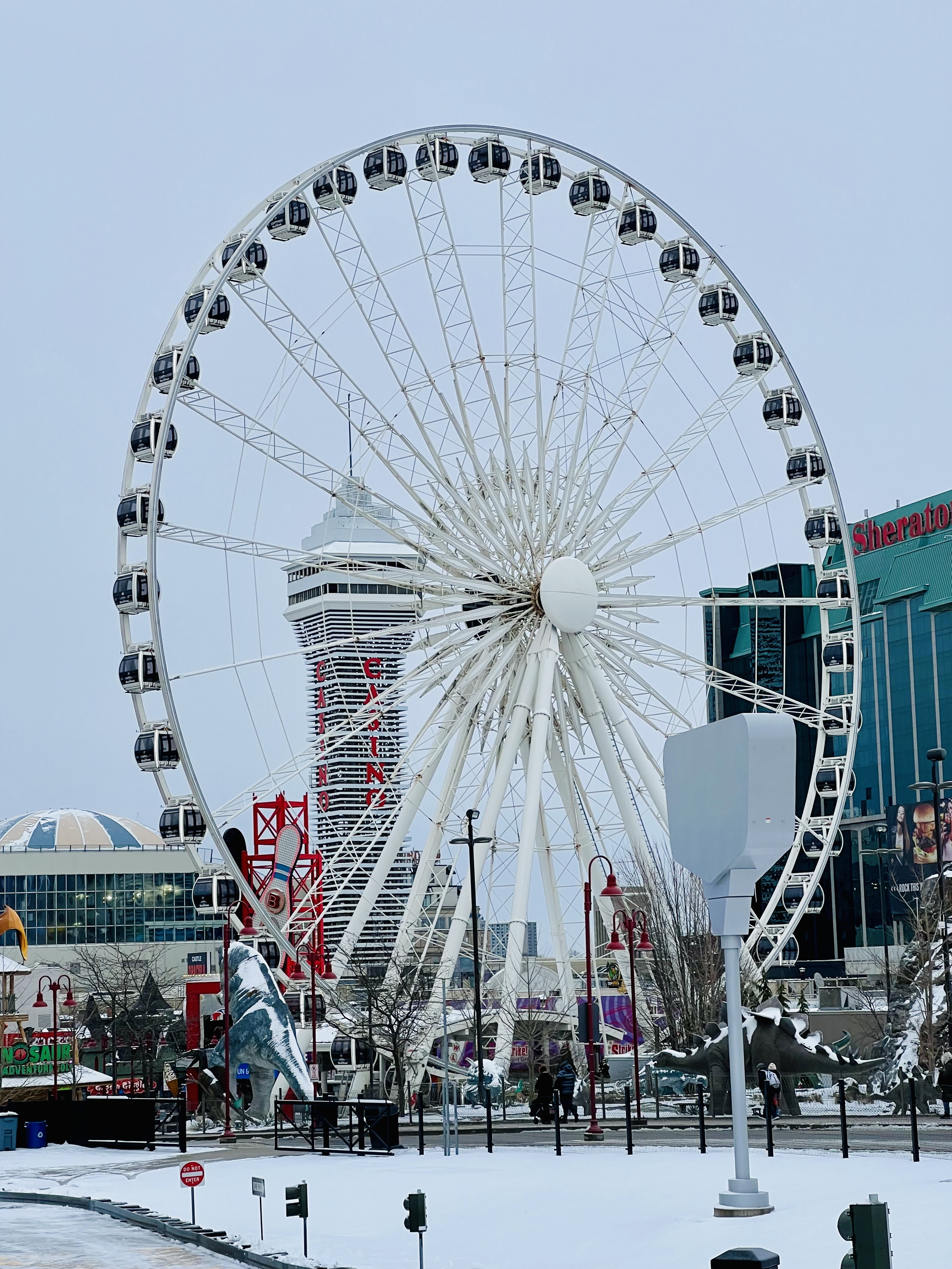 A large white Ferris wheel and a tower in a snowy park.