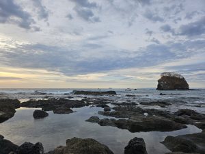 View of a rocky beach at sunset with black lava formations, small pools of water, partly cloudy sky, and a small island covered with dry trees on the horizon.