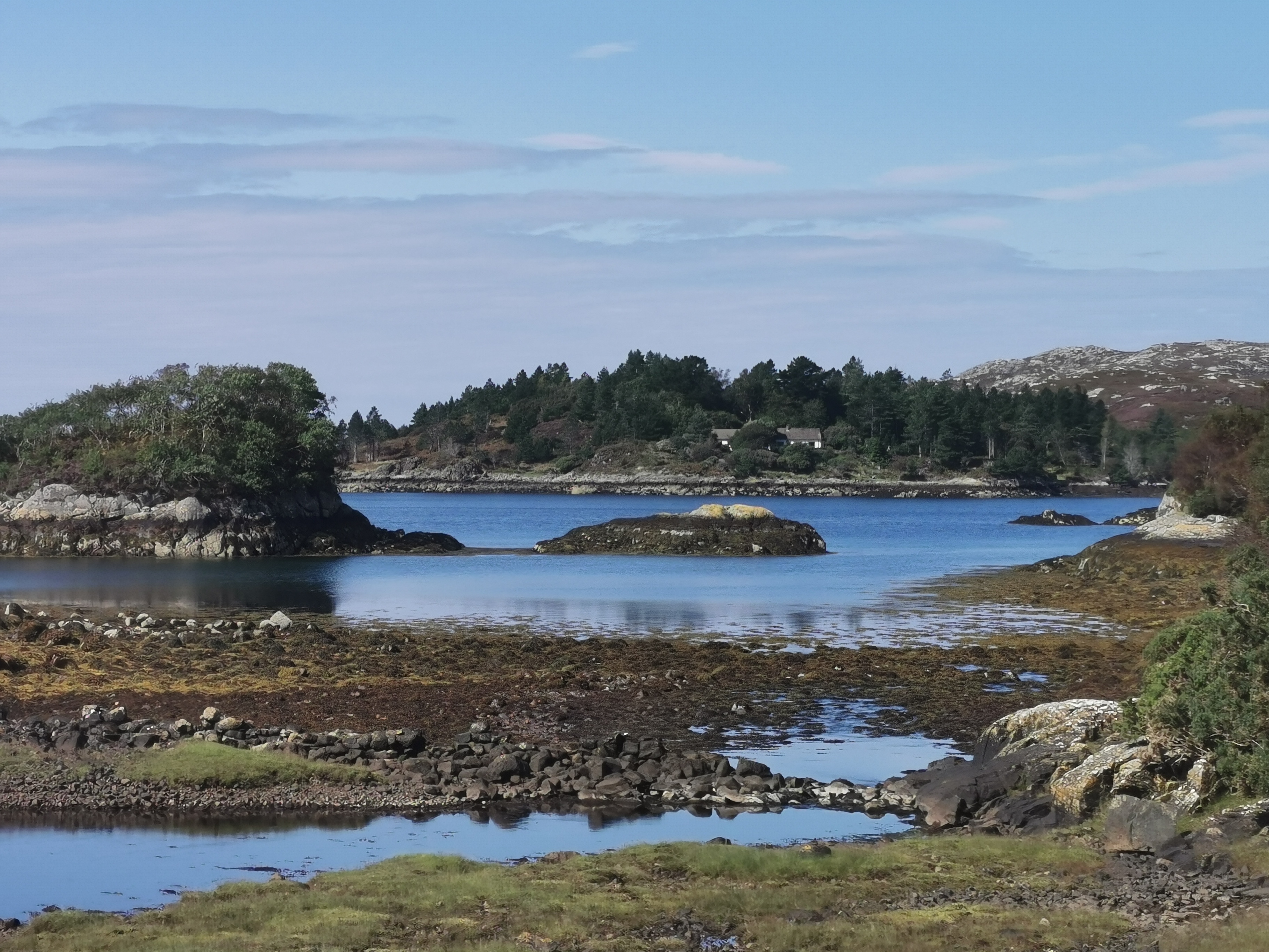 Tiny islands rise from calm, reflective waters dotted with seaweed and rocky outcrops, under a bright summer sky in the Scottish Highlands.