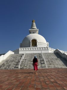 A person in a red dress and a blue hat walks away from the camera up a wide set of stairs toward a large, white Buddhist stupa. The stupa is topped with a golden spire. The sky is clear and blue. 