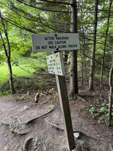 A white wooden trail sign in the woods warns of an active railroad and points to Avalon, Mt. Willard, Cascade Loop, and Mt. Avalon trails.
