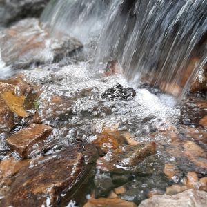 Clear stream gently cascading over brown and gray rocks in the Chingaza p&aacute;ramo, Colombia. The water forms white foam and shimmering reflections as it flows between the stones, conveying freshness and purity.