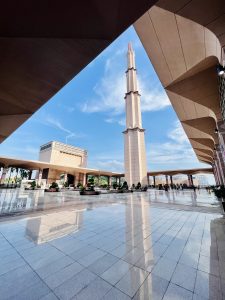 A ground-level view from the corner of the Putra Mosque in Malaysia.