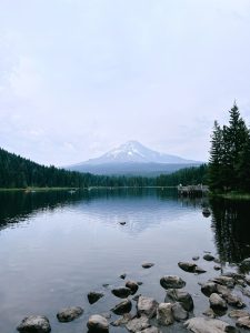 Scenic view of a calm lake with scattered rocks along the shore, surrounded by dense evergreen forest, with Mount Hood’s snow-capped peak rising in the background under a soft cloudy sky.
