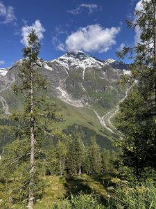 A breathtaking alpine view with towering snow-capped peaks, rolling green valleys, and crisp mountain air, capturing the serene beauty of high-altitude landscapes.
