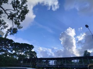 
A bright blue sky with fluffy white clouds rises above a dense tree line and a roofed pedestrian bridge. A street lamp on the right adds to the urban feel of the scene. 