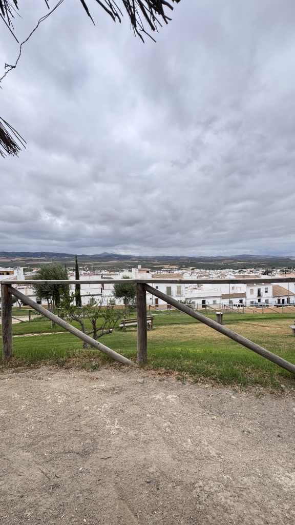 A scenic view showing white buildings nestled in a valley, surrounded by rolling hills under a cloudy sky in Osuna, Seville.