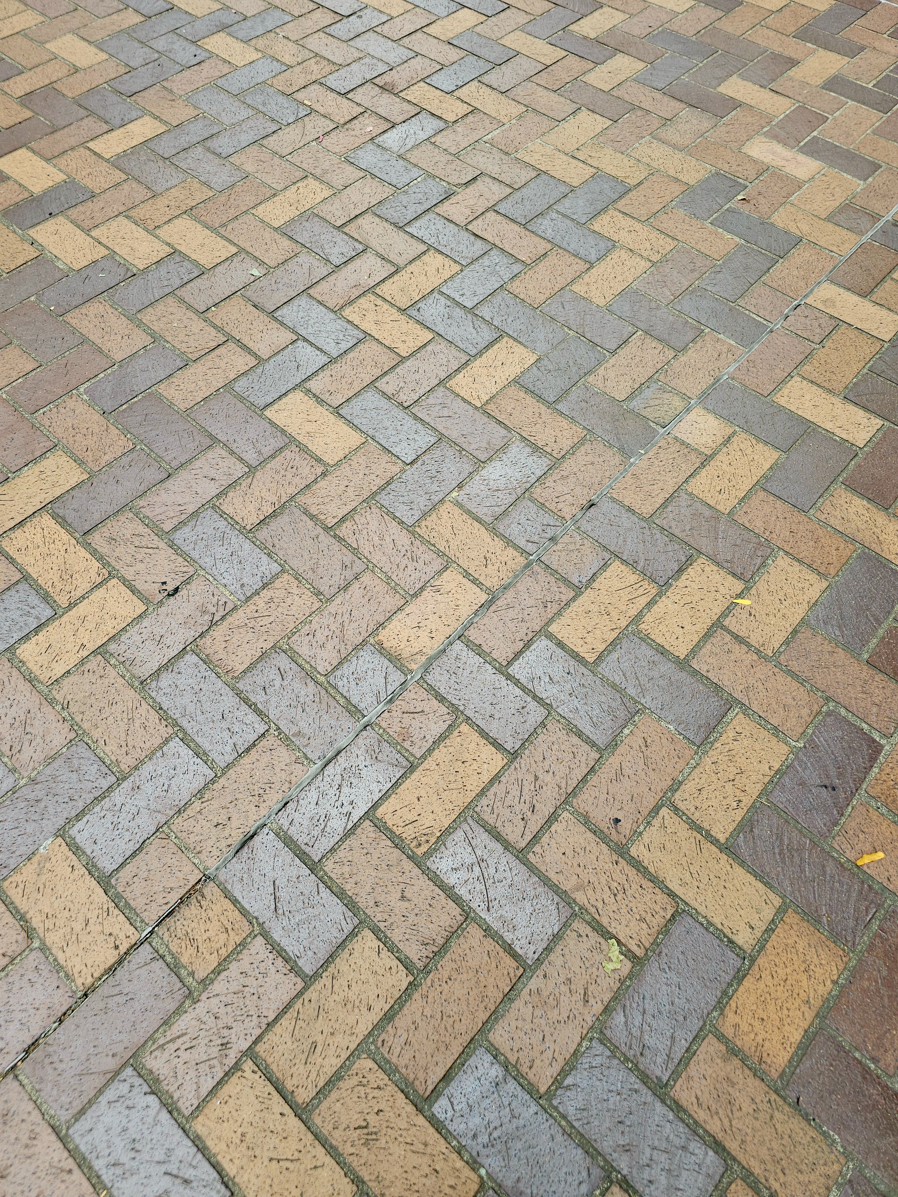 A close-up view of a paved surface featuring multi-toned bricks (brown, grey, and tan) arranged in a distinct herringbone pattern, creating a textured ground covering. Captured from Portland
