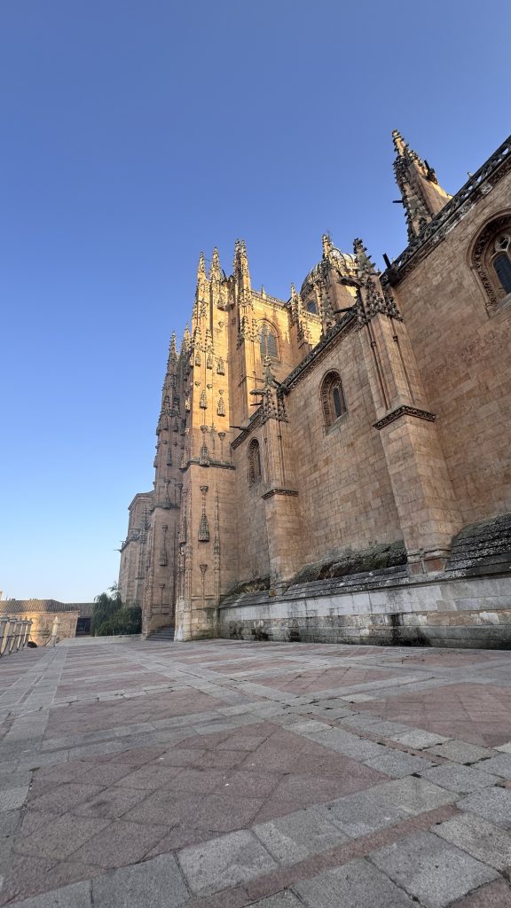 A low-angle view of Salamanca’s second cathedral, a large, intricately designed stone building, with tall spires and detailed carvings.