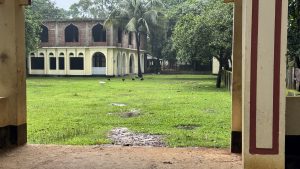 Peeking from between two pillars onto a vibrant green lawn dotted with wet puddles after a rain. Across the yard stands a two-story, tan-colored building with arched windows, while several chickens and a duck forage in the grass.