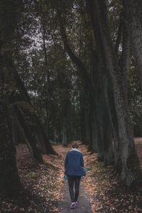Person walking alone on a leaf-covered forest path, surrounded by tall dark trees in an autumn setting.
