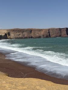 A scenic view of a beach with dark brown sand and gentle ocean waves lapping at the shore. In the background, a dramatic cliff rises, featuring layers of earthy colors ranging from deep red to brown, with desert-like dunes atop the cliff.