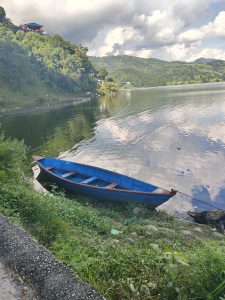 A tranquil lakeside scene featuring a blue wooden boat moored at the water&#039;s edge.