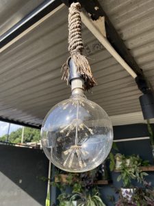 A vintage-style light bulb is hanging from a twisted rope, suspended from a ceiling