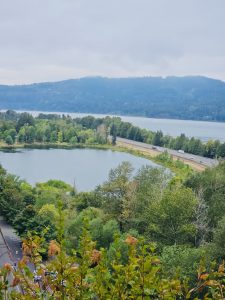Scenic overlook showing a large lake, trees, and roadways beneath a cloudy sky. Columbia River Gorge National Scenic Area, Oregon. 