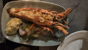 A large grilled prawn topped with browned, melted cheese is served on a grey plate with mashed potatoes and sautéed vegetables.
