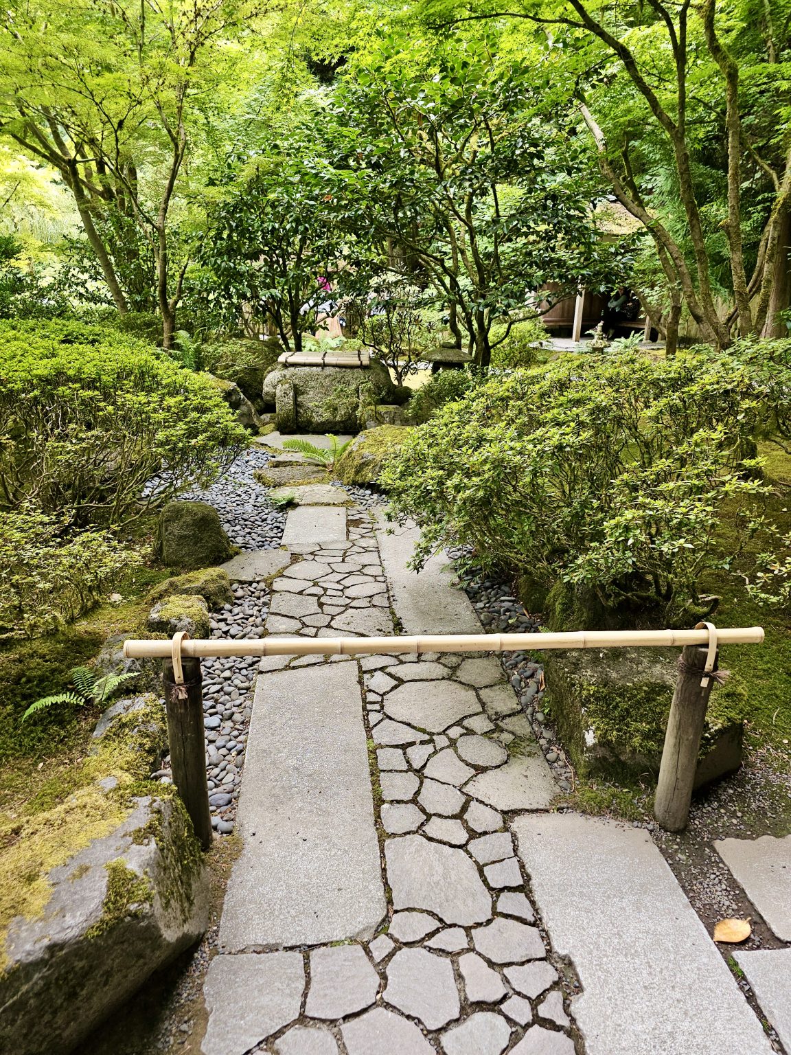 A stone path blocked by a bamboo bar leads through carefully arranged plants and rocks in the Portland Japanese Garden, creating a serene, peaceful atmosphere.