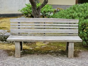 A simple wooden bench is placed on a quiet path, with a tree and trimmed bushes in the background. A peaceful resting spot inside the Japanese Garden, Portland. 