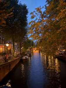 A peaceful evening view of a canal lined with trees and buildings, with boats moored along the edge. Street lamps cast a golden glow, their reflections shimmering on the water, while autumn leaves frame the scene against a deep blue twilight sky.