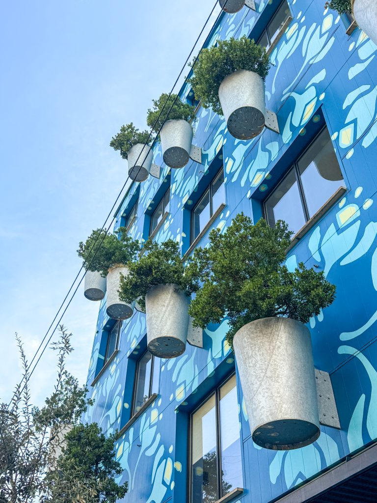 A 6-story building painted in blue with giant yellow painted flowers. At each level is a huge round planter attached to the wall containing a large shrub.