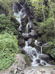 A picturesque waterfall cascading down a rocky cliff, surrounded by lush greenery.