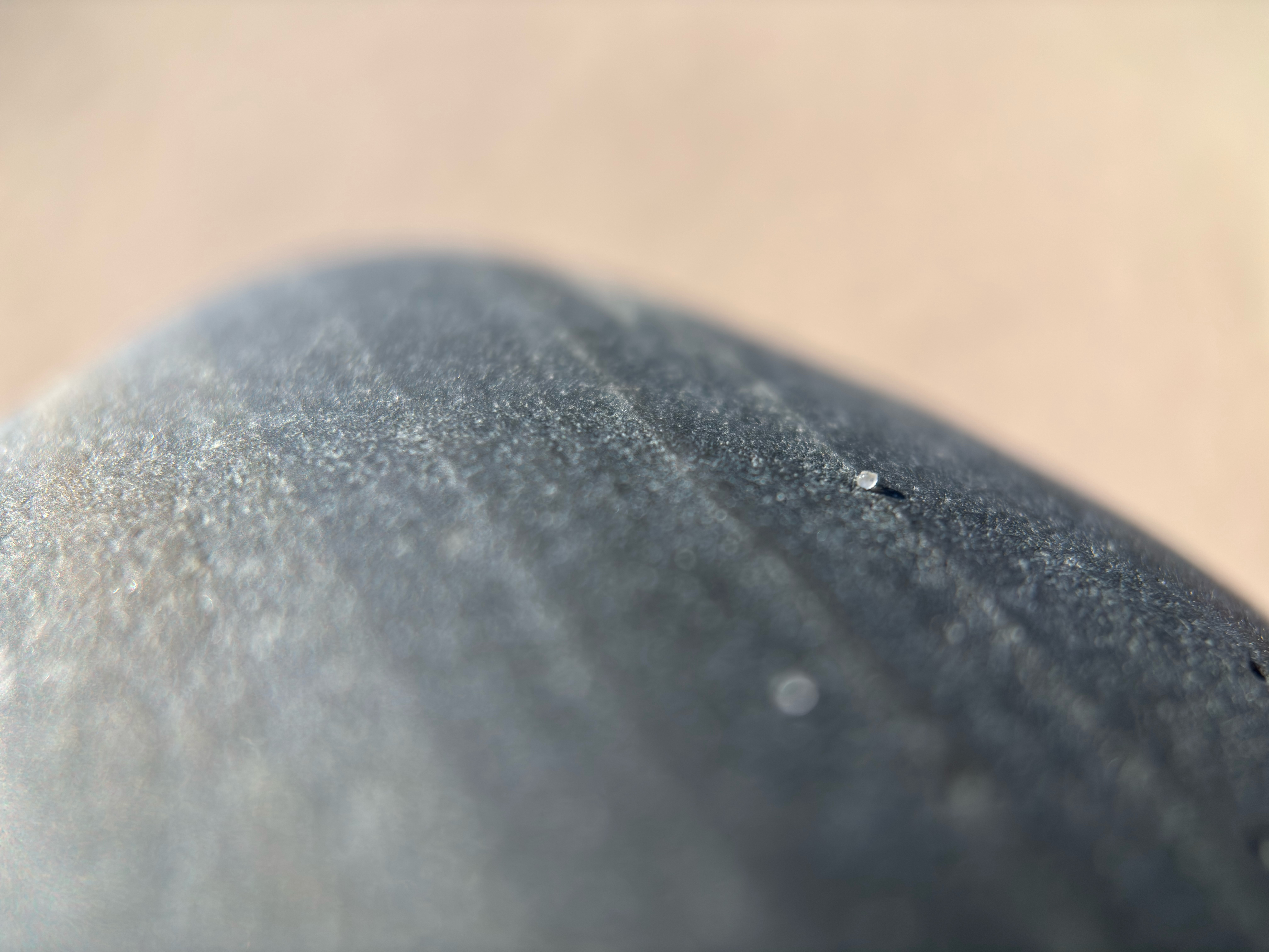 Closeup photo of a rock with stripes on it. On one stripe is a single grain of crystal sand.