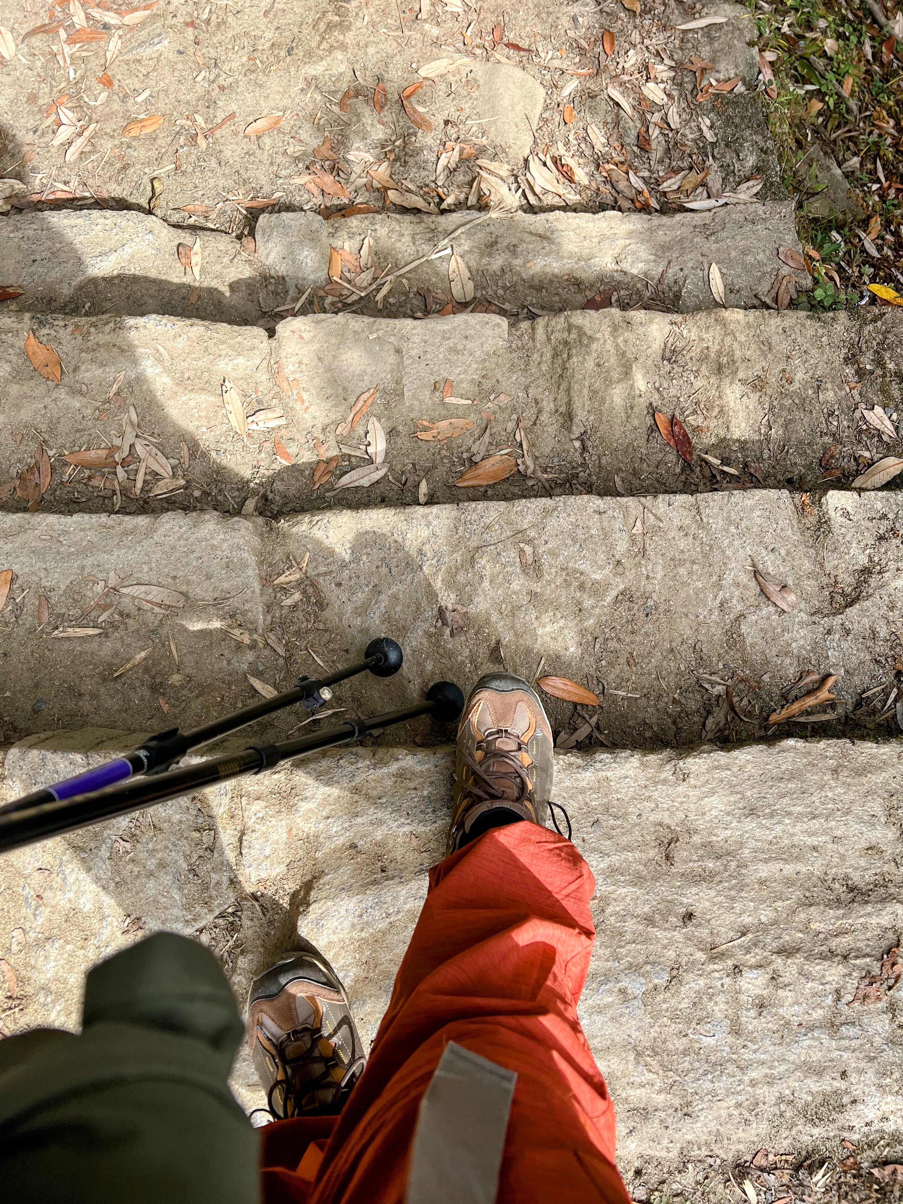 A person's feet in hiking boots and orange pants standing on rough-hewn stone steps littered with dried leaves, with two trekking poles resting on the step below.