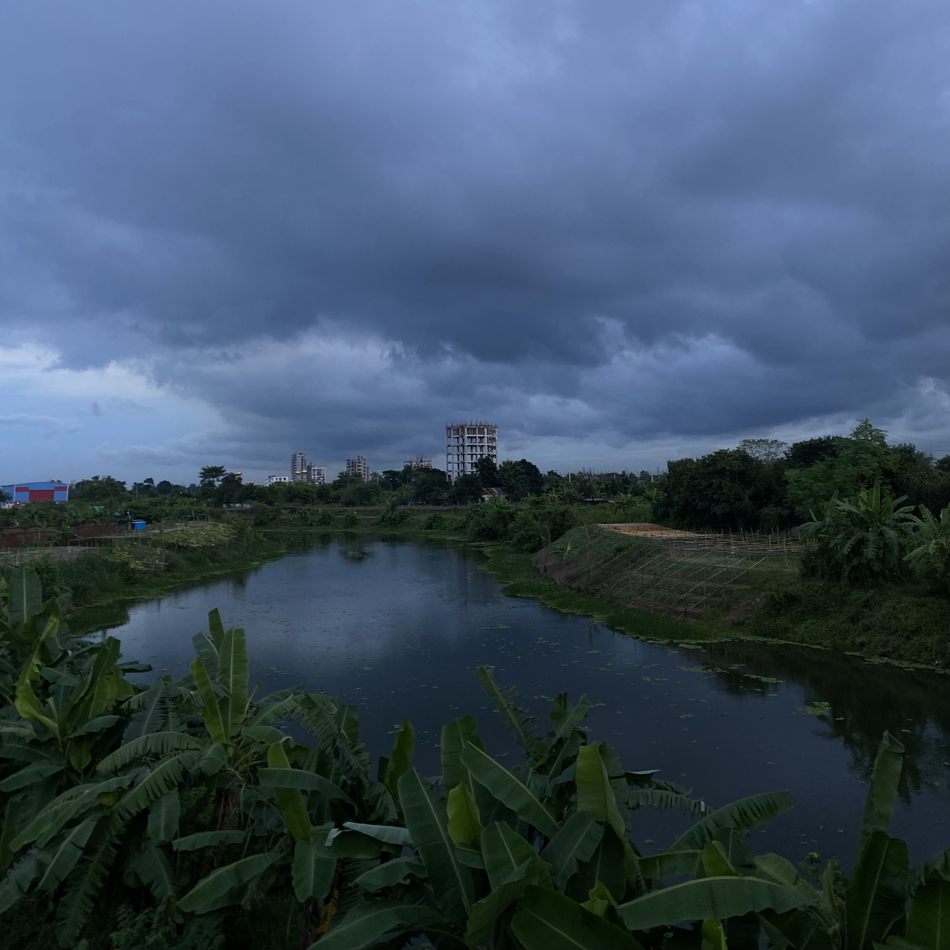 A serene view of a river surrounded by lush greenery and banana plants, with a cloudy sky overhead.